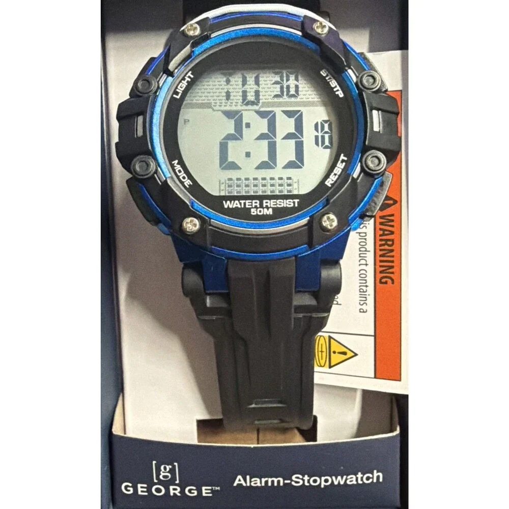 George Mens Digital Sport Wrisit Watch Black With Blue Accents New In Box